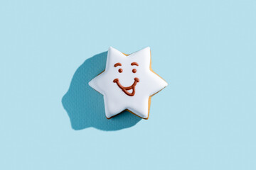 Shiny gingerbread cookies. Cute pastry. Festive bakery. Pretty cakes. Homemade decorated white icing smiling star figure biscuit isolated on blue pastel.