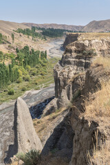 Vertical landscape view of Shahristan river canyon near Bunjikat in summer, Sughd, Tajikistan
