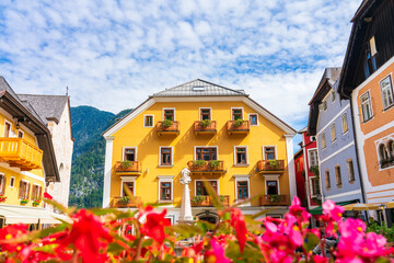 Architecture of Hallstatt mountain village in the Austrian Alps at beautiful light in summer, Salzkammergut region, Hallstatt, Austria