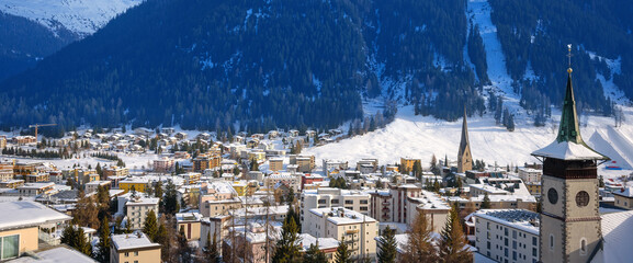 Panoramic view of famous Alpine ski resort DAVOS, SWITZERLAND.