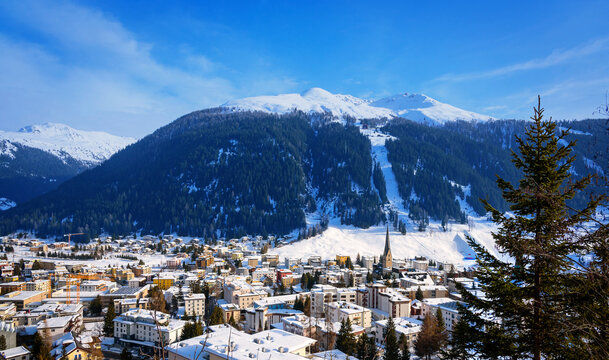 Winter Landscape of famous Alpine ski resort DAVOS, SWITZERLAND.