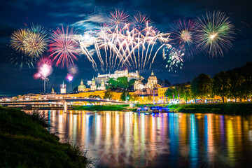 Fireworks display near Salzburg Festung Hohensalzburg fortress, Austria