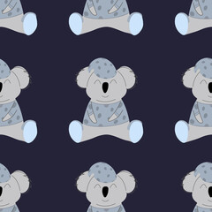 Koala in blue pajamas. seamless pattern. Decorative wallpaper for the nursery in the Scandinavian style. Vector. Suitable for children's clothing, interior design, packaging, printing