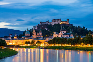 Hohensalzburg fortress in Salzburg at dusk. Austria