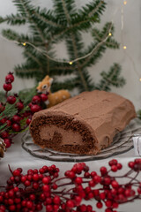 Fototapeta na wymiar Christmas Yule Log Buche de Noel chocolate cake