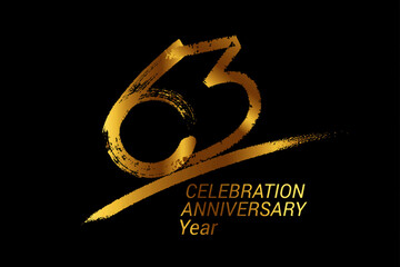 63 year anniversary chalk, golden ink Style , minimalist logo. years, jubilee, greeting card. Birthday invitation sign. Black space vector illustration on black background - Vector