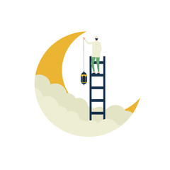Ramadan kareem with muslim man hanging lantern on crescent moon flat illustration