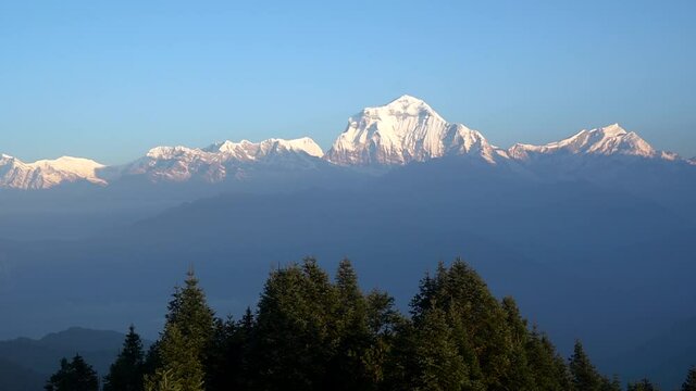 Landscape nature Mt. Dhaulagiri massif with sunrise on himalaya rang mountain in the morning seen from Poon Hill, Nepal - Blue Nature view  