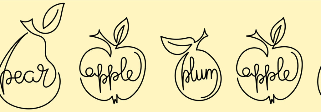 Apple, pear, plum - one continuous line of drawing. The name of each fruit. Hand drawn vector border