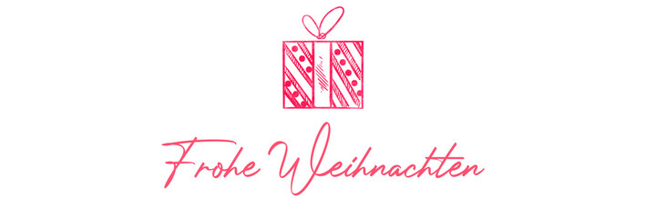 Schlichte Grußkarte oder Banner für die Webseite oder Präsentation mit dem Gruß Frohe Weihnachten auf weißen Hintergrund mit einem Geschenk Symbol