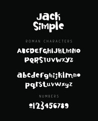 Simple childish beautiful font. Lettering. Letters and numbers. The English alphabet on a black background.
