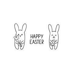 Lettering by the hand of happy Easter. Easter Bunny and egg. Coloring book for children for the holiday.