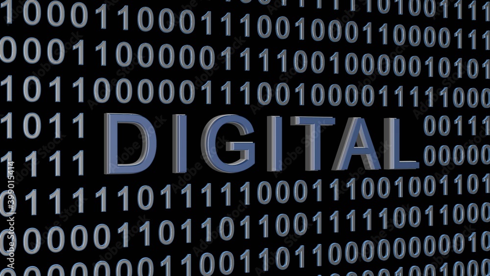 Poster digital lettering integrated into a binary code screen colored in dark blue on black background - 3d