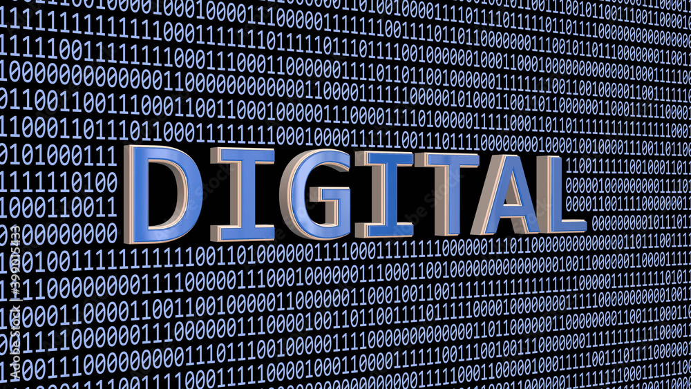 Poster digital lettering integrated into a binary code screen colored in light blue on black background - 3