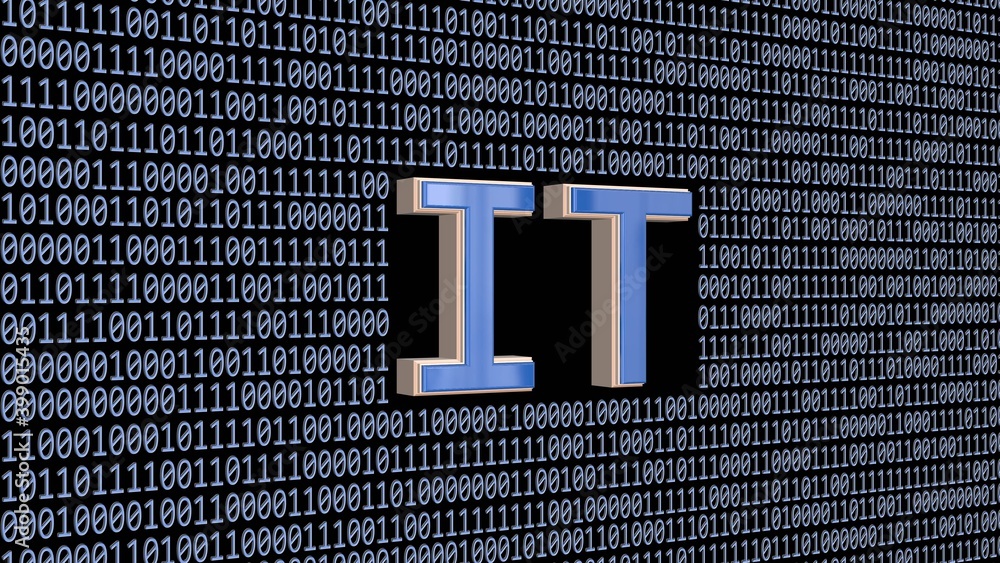 Aufkleber it sign integrated into wall of binary code colored in light blue on black background - information 