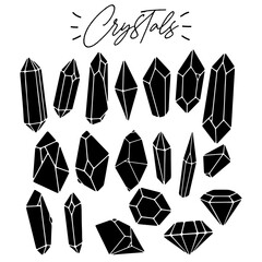 Set of various black crystals, diamonds, gemstones, minerals, rhinestones, birthstones. Silhouette. Abstract, spiritual, witchy, boho collection. Polygonal shapes. Vector flat geometric style. 