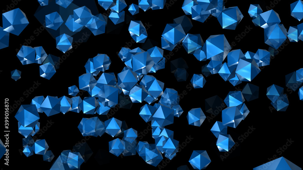 Aufkleber abstract particles in the form of a blue polyhedron rotate around an axis. 3d illustration.