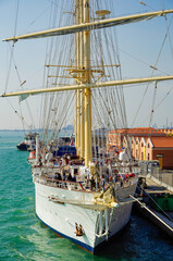 Windjammer, sailing boat or yacht in port