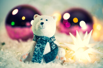 Christmas, polar bear in the snow with Christmas tree balls, Christmas card