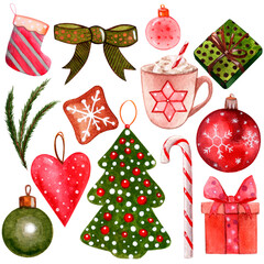 Merry Christmas! watercolor. happy new year. present. biscuits. caramel. toy ball. snowflakes. heart on christmas tree. sock set. cups.  snow. tea. coffee. cappuccino. milk. Christmas tree decorations