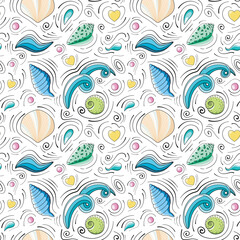 Fototapeta na wymiar Seashells vector seamless pattern in cartoon style. Sea waves, beige and green seashells, yellow hearts, pink spheres, sea drops and black doodle lines