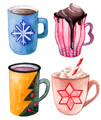 set of watercolor cups. Christmas. snow. snowman. snowflakes. tea. coffee. cappuccino. milk. marshmallows. illustration for the holiday. Happy New Year