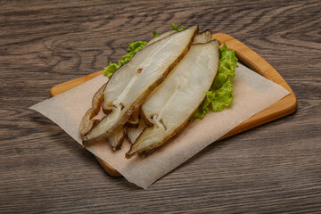 Delicous smoked halibut slices snack