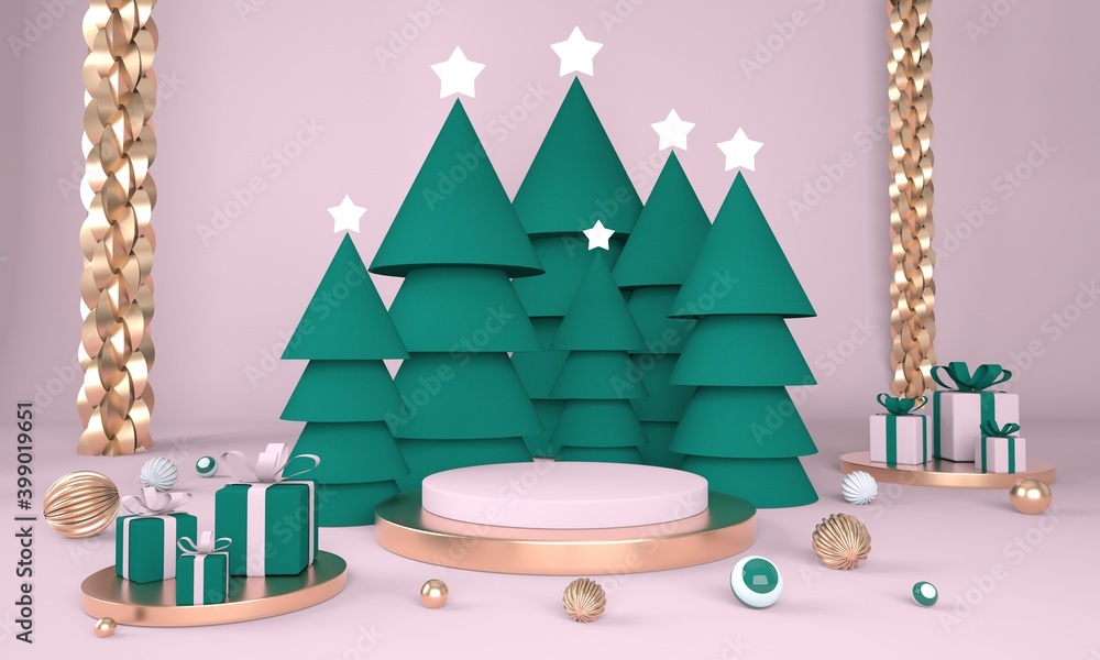 Poster christmas background with christmas tree and stage for product display. 3d rendering.