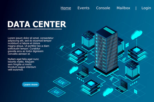 Illustration Of Servers Connected With Main Server And Laptop On Blue Background Isometric Design For Data Center Concept, Data Center Connection, Concept Of Cloud Storage, Data Transfer.