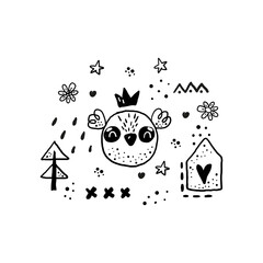 Cute hand drawn owl childish print. Childish print for apparel, nursery decoration, cards,posters, t-shirt. Vector Illustration