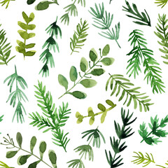 Pattern Christmas ornaments from the branches painted with watercolors on white background. Branches of trees. Holly sprigs with red berries.
