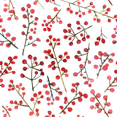 Pattern Christmas ornaments from the branches painted with watercolors on white background. Branches of trees. Holly sprigs with red berries.