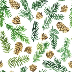 Gardinen Dschungel Pattern Christmas ornaments from the branches painted with watercolors on white background. Branches of trees. Holly sprigs with red berries.  © vaneeva