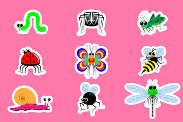 Stickers funny cartoon insects. A set of 9 images with white outline. Vector