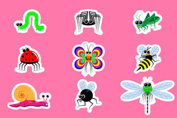Fototapeta premium Stickers funny cartoon insects. A set of 9 images with white outline. Vector