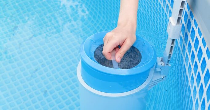skimmer for the frame pool. Contaminated pool cleaning concept.