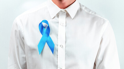Prostate care. Awareness prostate of men health in November. Hipster men in bright shirt with blue...