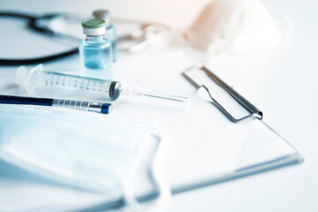 Vaccine  Syringe and Medical stethoscope on medical space  vaccine corona virus concept