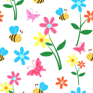 Bee and flowers summer field pattern Seemless floral Hawaian shirt pattern