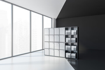 Black and white office lockers in black and white empty office room