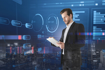 Man with tablet and financial interface