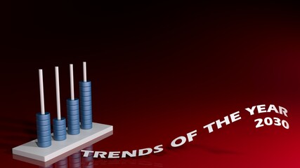 Trends of the year 2030 with abacus, on red background - 3D rendering illustration