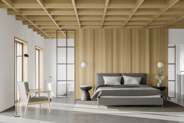 Fototapeta na wymiar White and wooden master bedroom interior