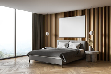 Wooden master bedroom corner with poster