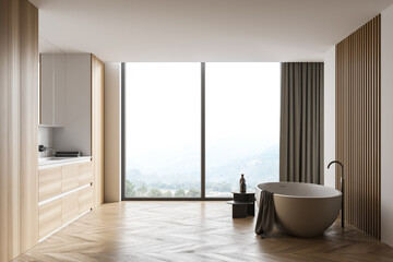 Fototapeta premium Wooden bathroom interior with tub and sink, side view