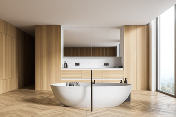 Fototapeta na wymiar Wooden bathroom interior with tub and sink