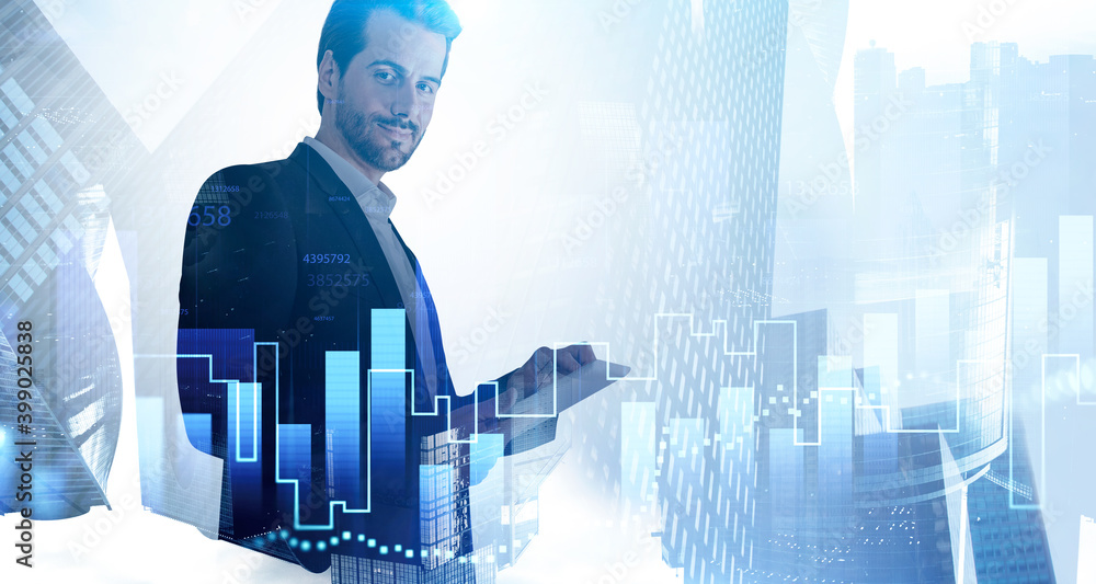Poster smiling man using tablet in city and graphs