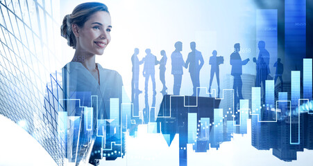 Smiling woman with laptop and team in city and graphs