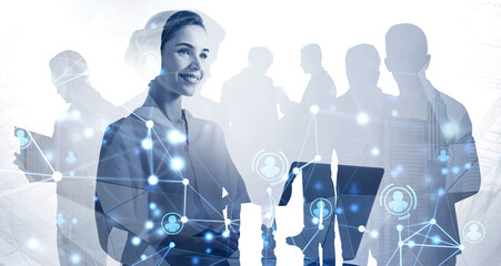 Woman with laptop, her team and network interface