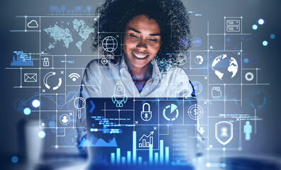 Smiling African woman and network interface